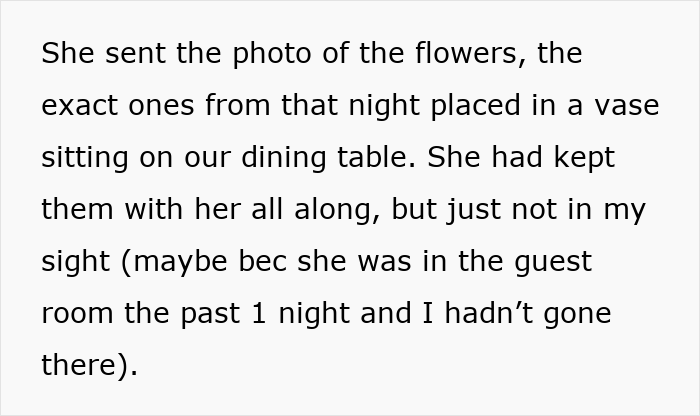 Text excerpt about flowers kept by wife, illustrating emotional impact and a reality check on how to make her feel what he feels. Text excerpt about flowers kept by wife, illustrating emotional impact and a reality check on how to make her feel what he feels.