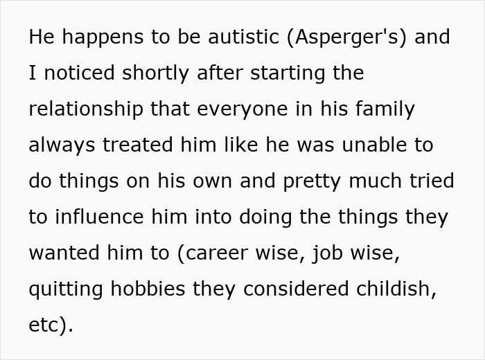Screenshot of text explaining the autistic guy's family treatment, relevant to mom's smear campaign against GF. Screenshot of text explaining the autistic guy's family treatment, relevant to mom's smear campaign against GF.