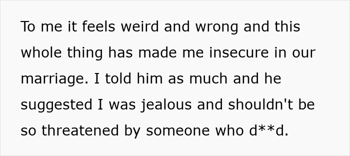 Text expressing insecurity in marriage after husband wants to name baby after his first girlfriend, causing upset in wife. Text expressing insecurity in marriage after husband wants to name baby after his first girlfriend, causing upset in wife.