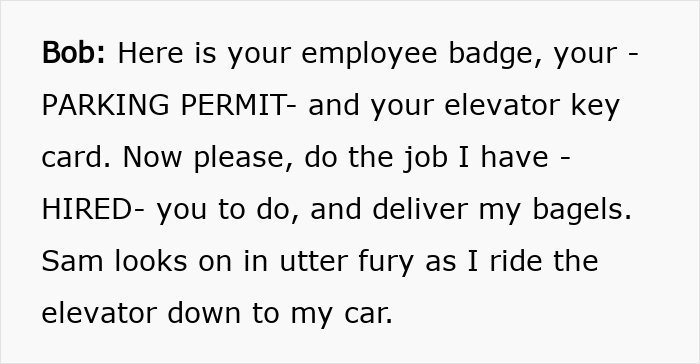 Text from a corporate comedy scene where a baker is frustrated delivering bagels amid lawyer-driven office formalities.