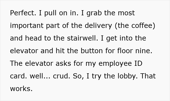 Text excerpt from corporate comedy gold story about a baker delivering bagels encountering elevator ID card access.