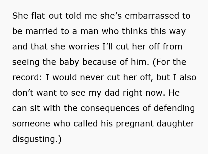 Text excerpt about husband calling pregnant wife disgusting and consequences of ignoring baby after being called out in family dispute. Text excerpt about husband calling pregnant wife disgusting and consequences of ignoring baby after being called out in family dispute.