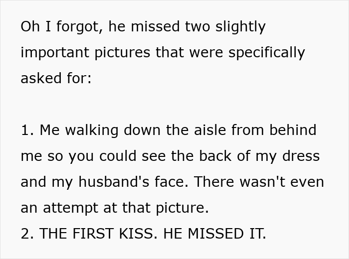 Text excerpt highlighting a bride’s complaint about a $3K wedding photographer missing key shots like the first kiss. Text excerpt highlighting a bride’s complaint about a $3K wedding photographer missing key shots like the first kiss.