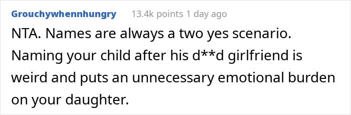 Reddit comment discussing a man wanting to name his baby after his first girlfriend, upsetting his wife. Reddit comment discussing a man wanting to name his baby after his first girlfriend, upsetting his wife.