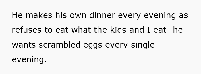 A screenshot of text about a wife at her wits end because her husband eats scrambled eggs every evening after years of marriage. A screenshot of text about a wife at her wits end because her husband eats scrambled eggs every evening after years of marriage.
