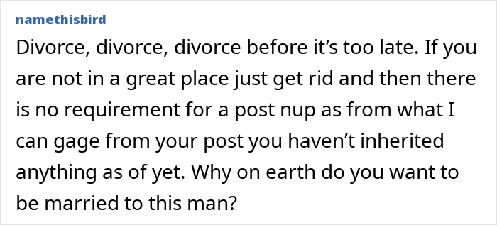 A screenshot showing namethisbird's comment advising divorce before it's too late if marriage isn't a great place. A screenshot showing namethisbird's comment advising divorce before it's too late if marriage isn't a great place.