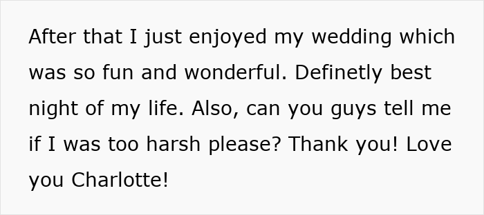 Text post with a bride reflecting on her wedding and asking if her actions for savage revenge on controlling MIL were too harsh. Text post with a bride reflecting on her wedding and asking if her actions for savage revenge on controlling MIL were too harsh.