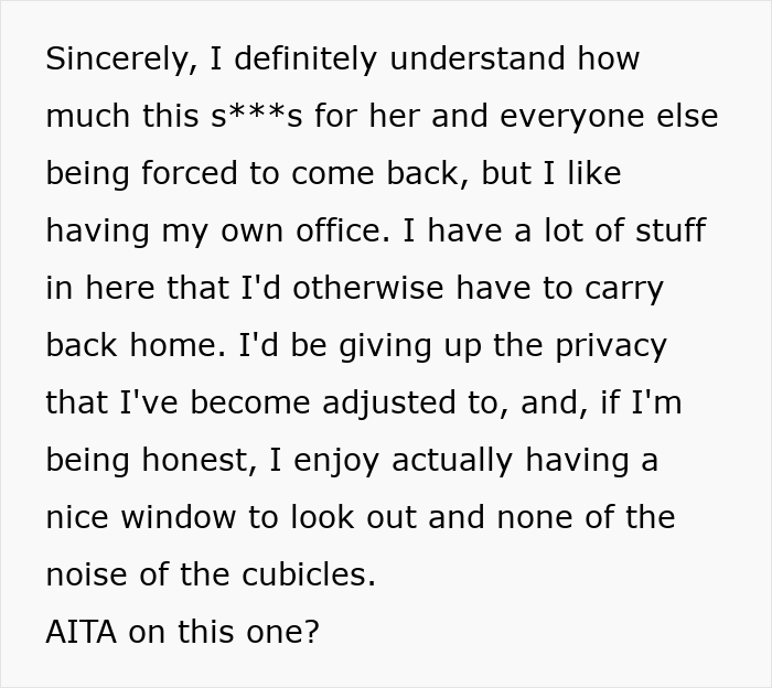 Text excerpt about a woman expecting her private office back after working from home, facing reality check. Text excerpt about a woman expecting her private office back after working from home, facing reality check.