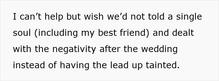 Text expressing regret about sharing wedding plans early and facing negativity from a best friend upset about weddings in the same month. Text expressing regret about sharing wedding plans early and facing negativity from a best friend upset about weddings in the same month.
