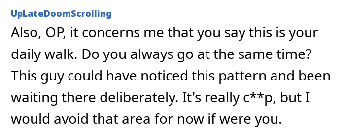 Text excerpt discussing concerns about a strange man potentially following during daily walks in the woods. Text excerpt discussing concerns about a strange man potentially following during daily walks in the woods.