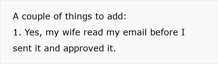 Text on a white background stating a message about a wife reading and approving an email before it was sent.