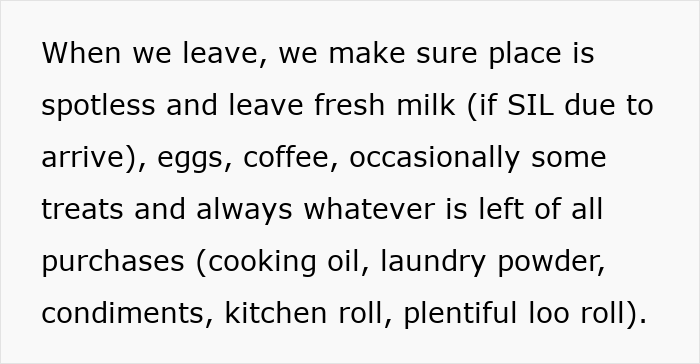 Text excerpt about leaving fresh milk, eggs, coffee, and food supplies hints woman considers locking up food from cheap in-laws. Text excerpt about leaving fresh milk, eggs, coffee, and food supplies hints woman considers locking up food from cheap in-laws.