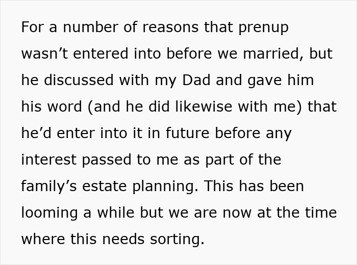 Text about a prenup not being entered into, with the husband promising a postnup later for family estate planning, relevant to his broken promise after years of marriage. Text about a prenup not being entered into, with the husband promising a postnup later for family estate planning, relevant to his broken promise after years of marriage.