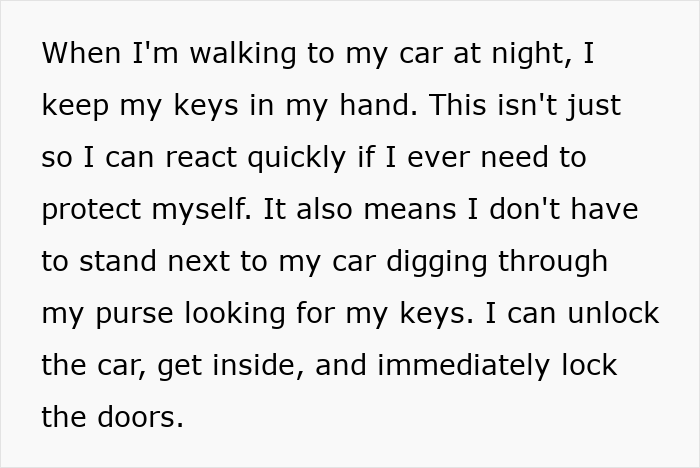 Influencer shares safety tips for women. How to use keys for protection when walking to a car at night. Influencer shares safety tips for women. How to use keys for protection when walking to a car at night.