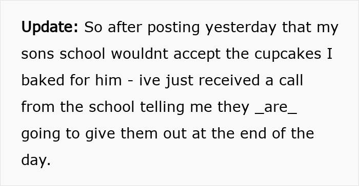 Update text about mom baking cupcakes for son's birthday and unexpected reaction from the school regarding cupcake distribution. Update text about mom baking cupcakes for son's birthday and unexpected reaction from the school regarding cupcake distribution.