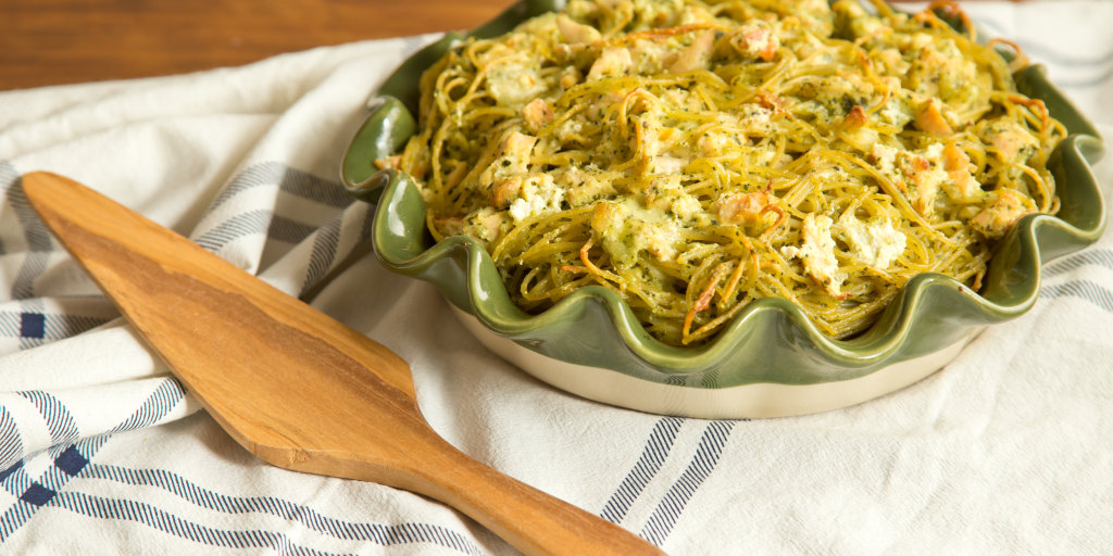 This easy spaghetti pie features rotisserie chicken and pesto