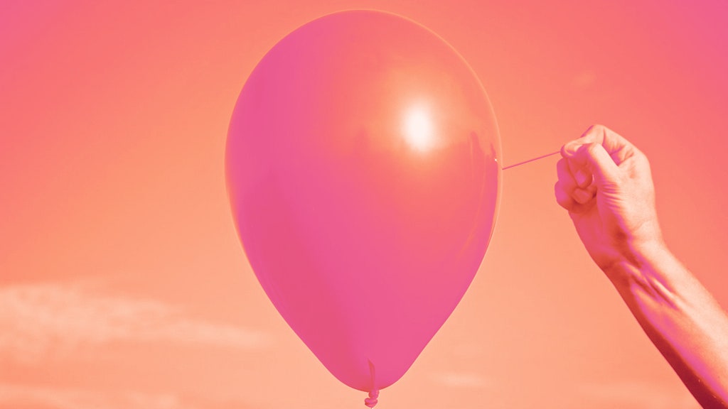 Pink and orange graphic of a ballon with a hand attempting to pop it. 