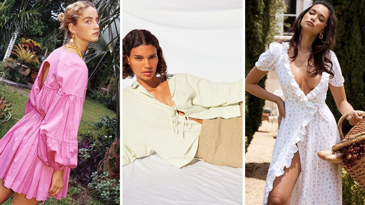 Woman in a white dress with a picnic basket Woman in a white dress with a picnic basket