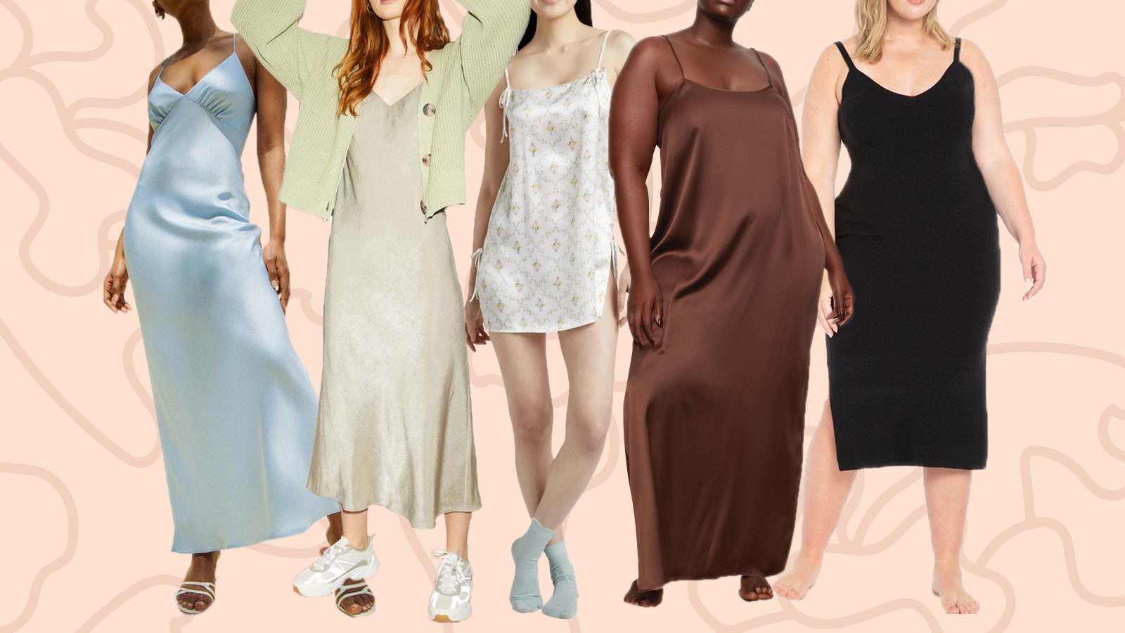 slip dresses_three models in various slip dresses (blue, pistachio, brown)