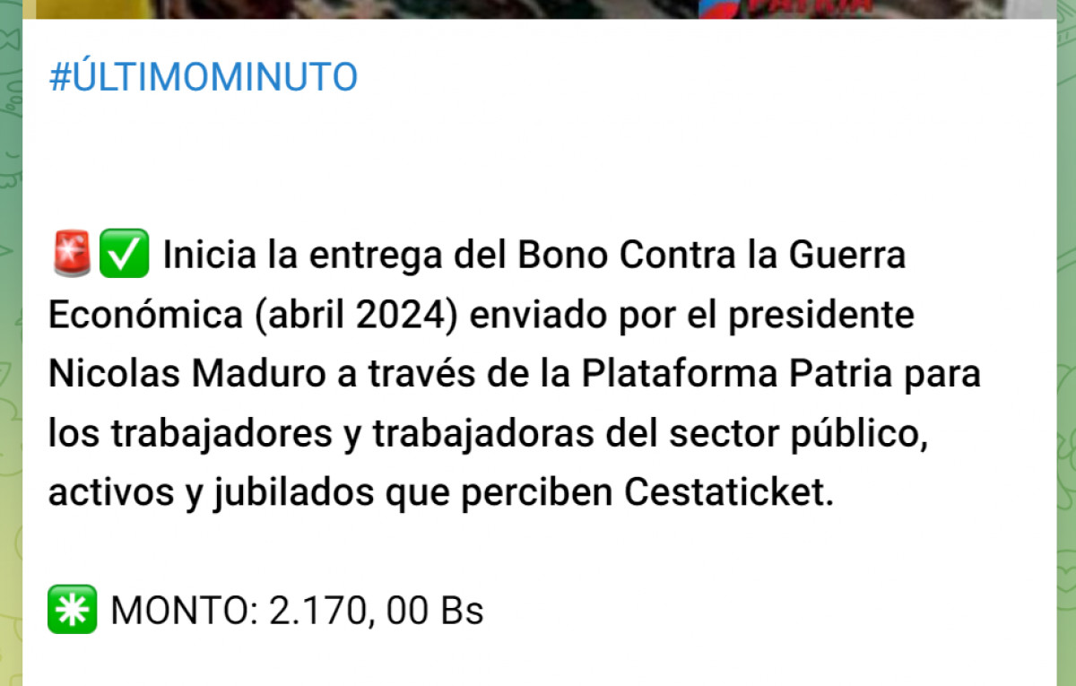 El Bono de Guerra para trabajadores públicos llegó este lunes 15 de abril. Foto: Canal Patria Digital   