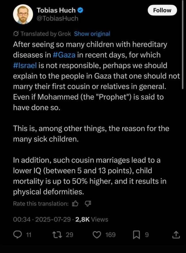 Tobias Huch's tweet, translated by Grok. (via X)
