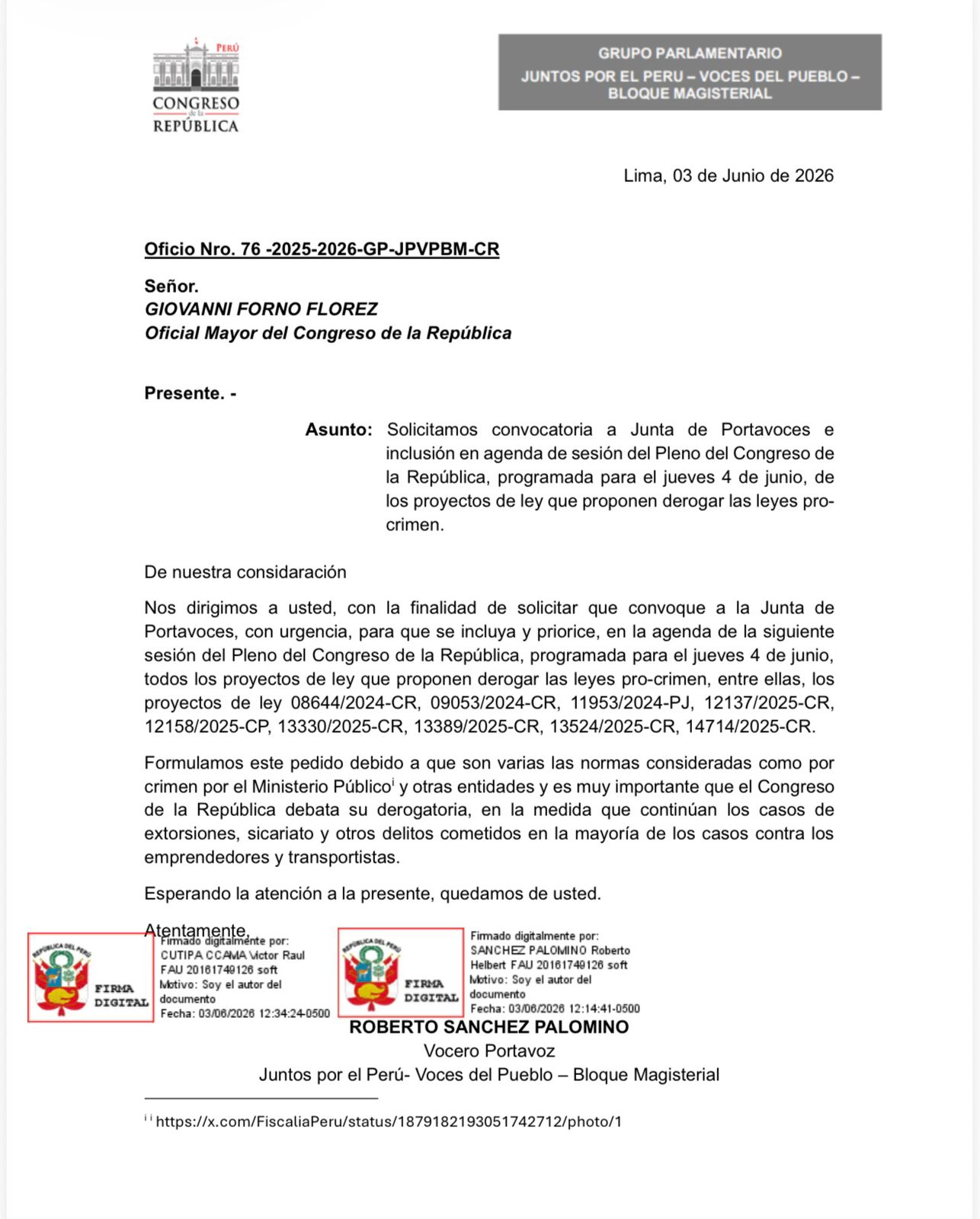 Oficio enviado por Roberto Sánchez. Oficio enviado por Roberto Sánchez.