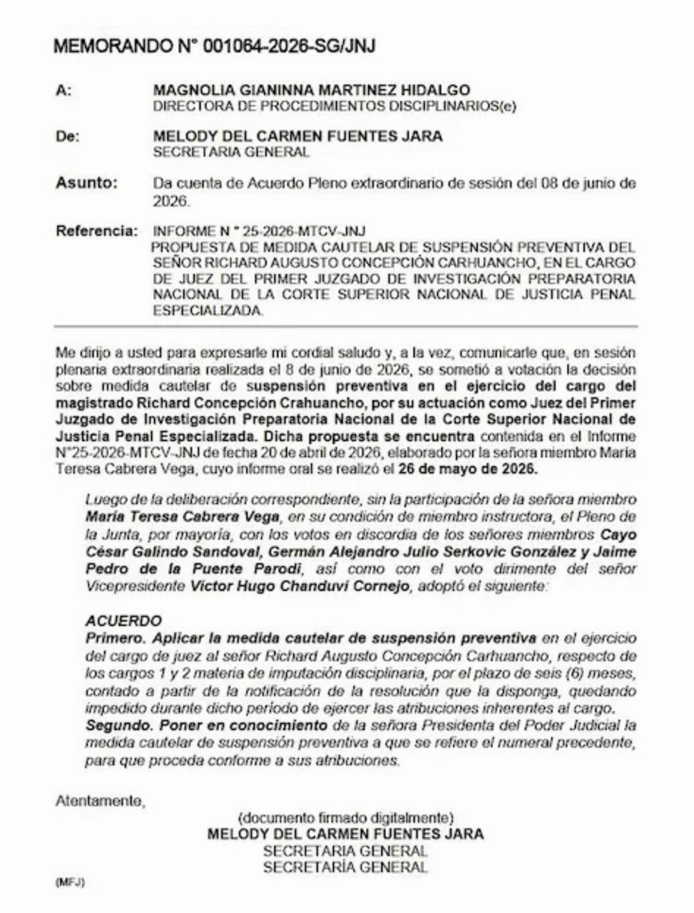 Memorando notificando la decisión contra Concepción Carhuancho. Memorando notificando la decisión contra Concepción Carhuancho.
