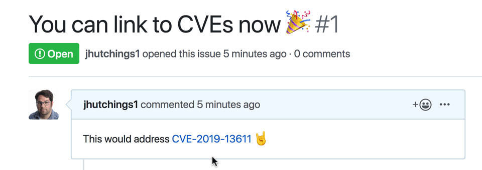 Hover over a CVE link on GitHub to see more details, including when the entry was published. 