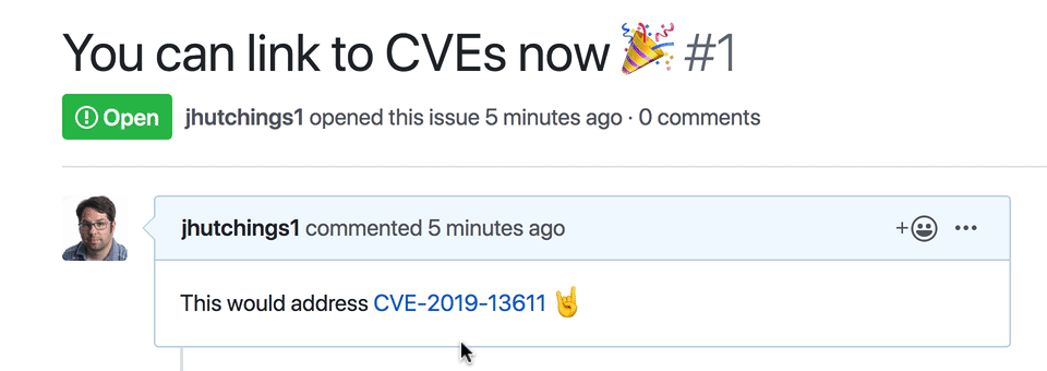 Hover over a CVE link on GitHub to see more details, including when the entry was published.