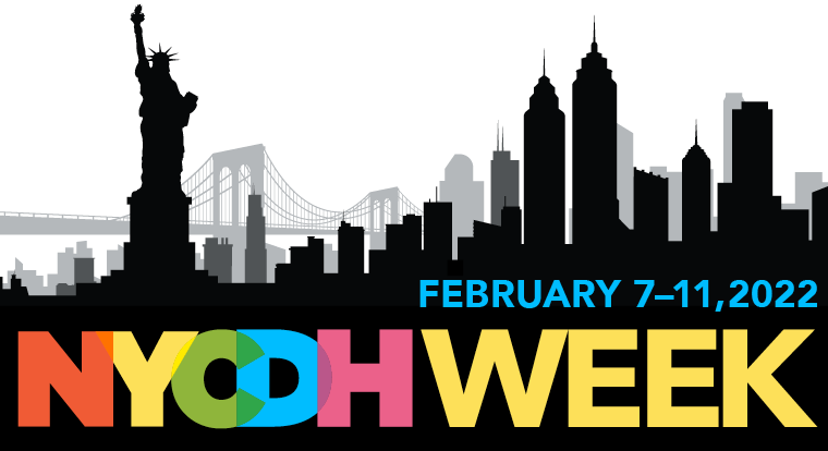 There is a logo of NYCDH Week with a New York cityscape in black behind the letters. On the bottom is a chart featuring the frequency of certain words represented, like “coronavirus” and “black." Below, there is an image of multi-colored words in different orientations. Some words are larger than others. Here, the word “women” in blue is largest.